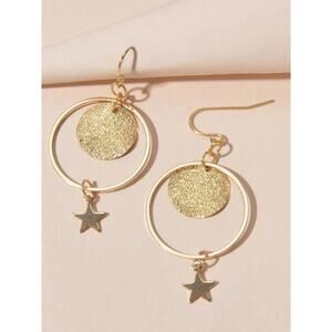 NEW Yellow Gold Tone Hoop Drop Circle with Star Dangle Earrings Fashion Jewelry
